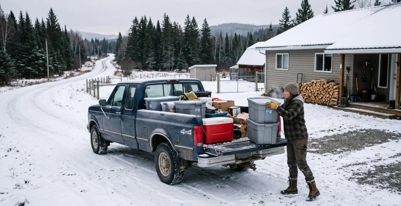 Une personne charge des bacs et des boîtes d'épicerie dans une camionnette garée devant une maison rurale canadienne enneigée.
