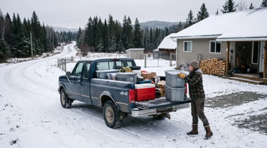 Une personne charge des bacs et des boîtes d'épicerie dans une camionnette garée devant une maison rurale canadienne enneigée.