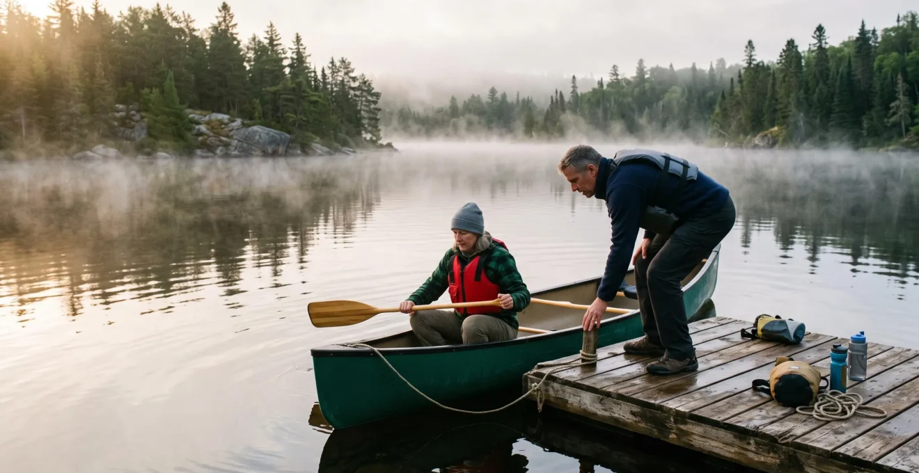 Deux adultes montent prudemment dans un canot amarré à un quai en bois sur un lac calme au petit matin au Canada.