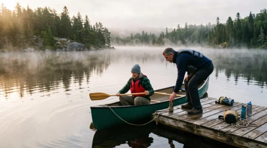 Deux adultes montent prudemment dans un canot amarré à un quai en bois sur un lac calme au petit matin au Canada.