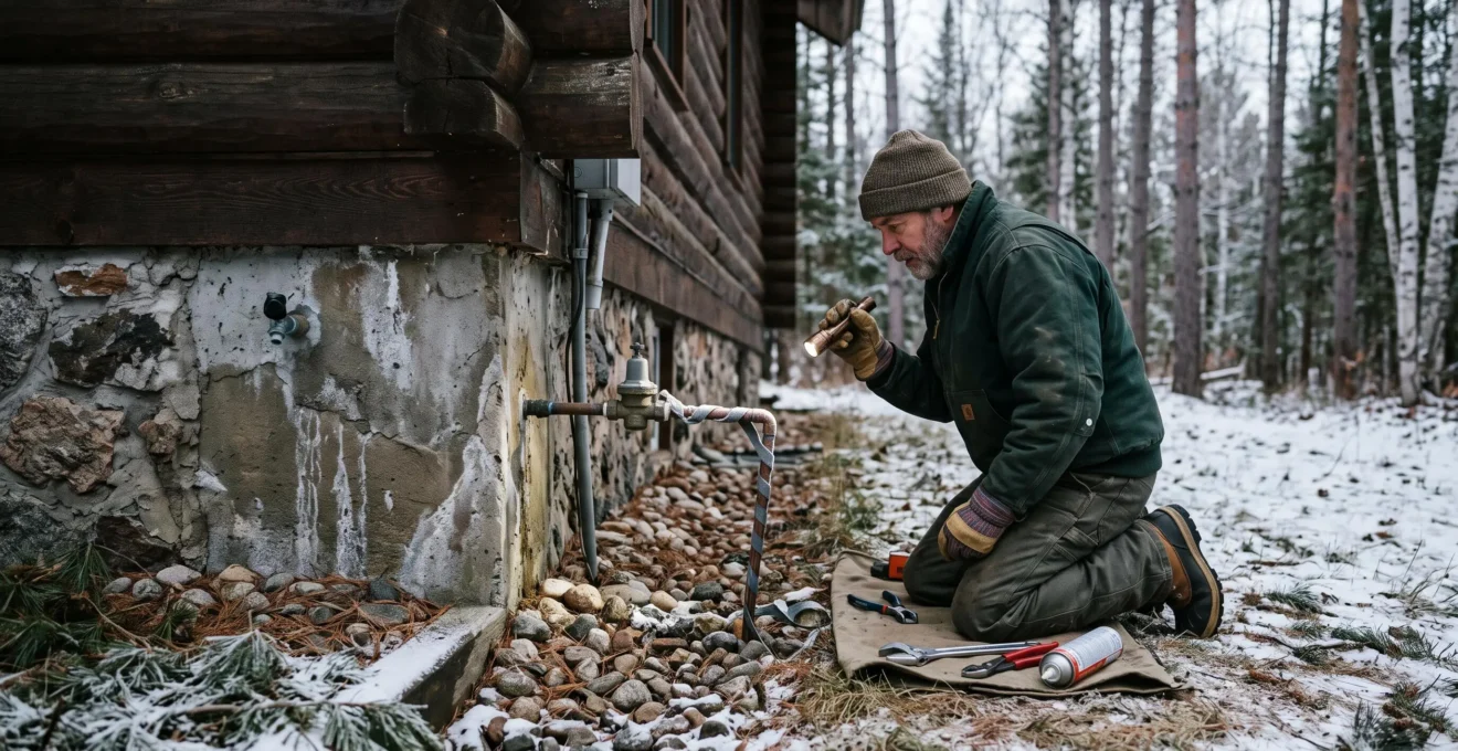 Technicien inspectant les fondations d'un chalet canadien avant la saison hivernale.
