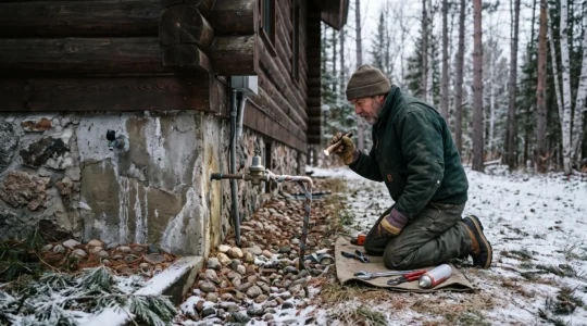 Technicien inspectant les fondations d'un chalet canadien avant la saison hivernale.