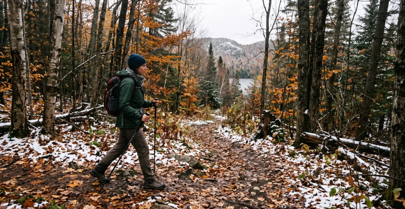 Un randonneur marche sur un sentier forestier canadien où les feuilles d'automne côtoient les premières neiges de la saison.