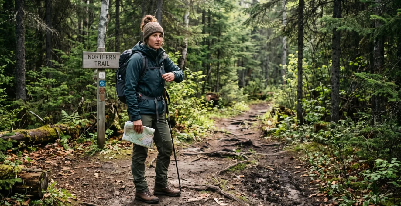 Un randonneur ajuste un sac léger au départ d'un sentier forestier canadien au sol irrégulier et humide
