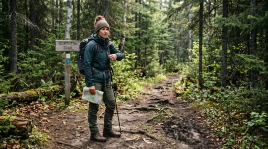 Un randonneur ajuste un sac léger au départ d'un sentier forestier canadien au sol irrégulier et humide